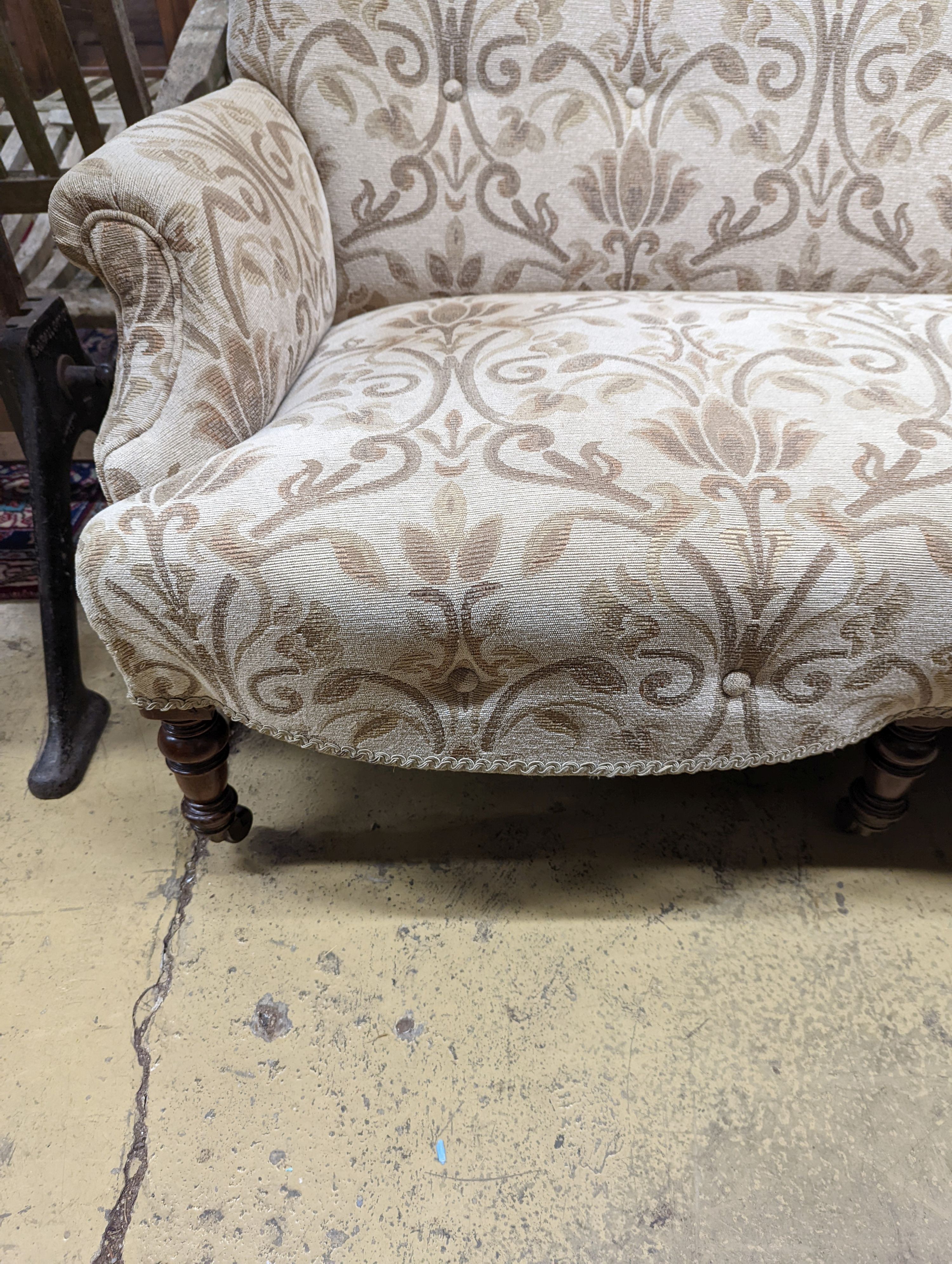 A 19th century settee, stamped Gillows. W-133cm, D-70cm, H-70cm.